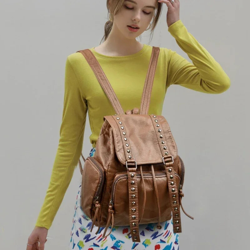 2025 m. Nauja PU prabangi kuprinė, moteriškas kniedinis krepšys su užtrauktuku Naujas nuo vagystės kuprinės laisvalaikiui didelės talpos studentų krepšys Bolso De Mujer