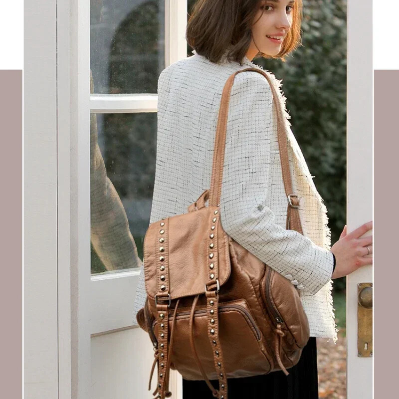 2025 m. Nauja PU prabangi kuprinė, moteriškas kniedinis krepšys su užtrauktuku Naujas nuo vagystės kuprinės laisvalaikiui didelės talpos studentų krepšys Bolso De Mujer