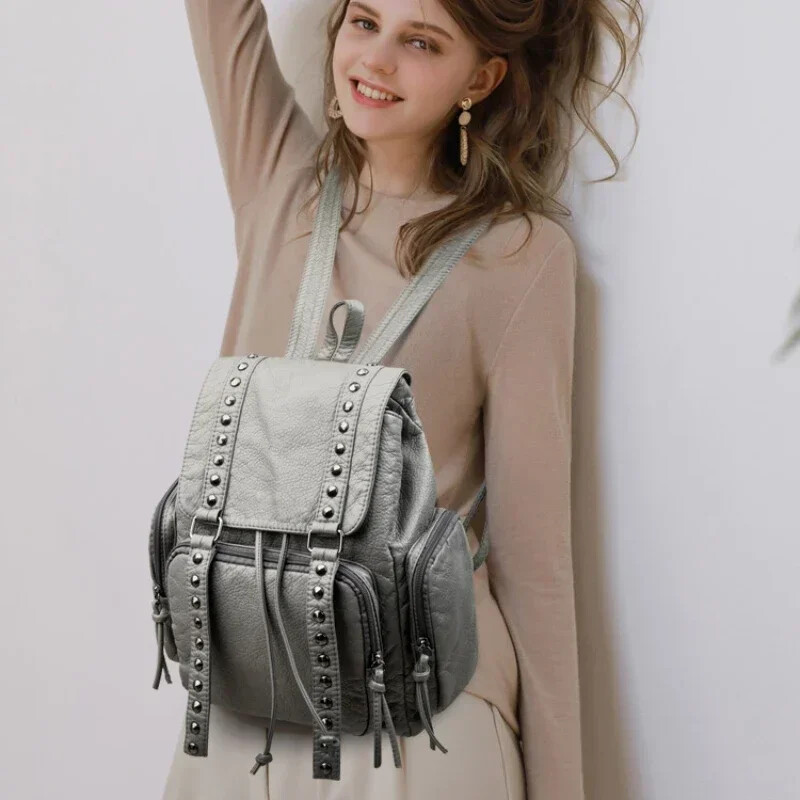 2025 m. Nauja PU prabangi kuprinė, moteriškas kniedinis krepšys su užtrauktuku Naujas nuo vagystės kuprinės laisvalaikiui didelės talpos studentų krepšys Bolso De Mujer