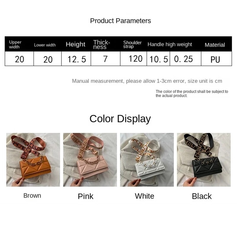 2024 Genți noi pentru femei Versiune coreeană a geanta de umăr cu lanț Lingge, de culoare solidă, geantă pătrată mică