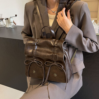 Rucsacuri clasice din piele PU pentru femei Rucsacuri cu șnur în stil preppy Rucsac pentru studenți, retro, solid, mochile estetice japoneze