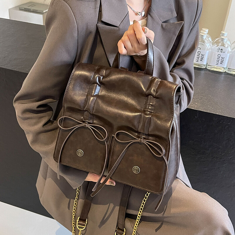 Rucsacuri clasice din piele PU pentru femei Rucsacuri cu șnur în stil preppy Rucsac pentru studenți, retro, solid, mochile estetice japoneze