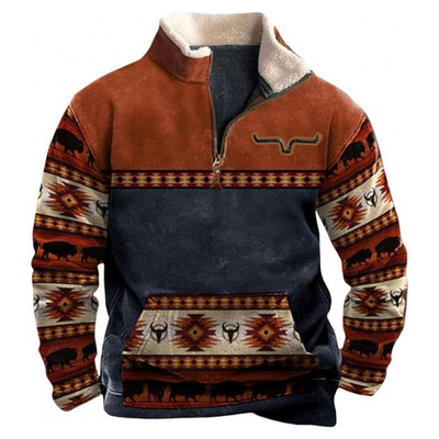 Retro vīriešu plīša džemperis Modes etniski apdrukāts pulovers džemperis ar garām piedurknēm, pusrāvējslēdzēja jaka Vīriešu apģērbs 2025