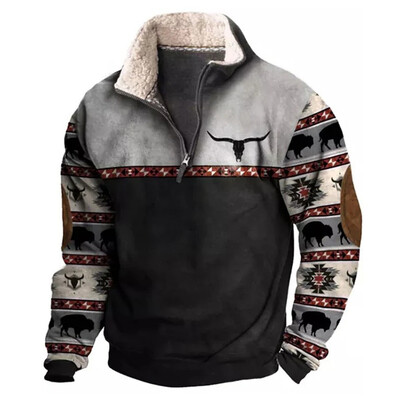 Retro vīriešu plīša džemperis Modes etniski apdrukāts pulovers džemperis ar garām piedurknēm, pusrāvējslēdzēja jaka Vīriešu apģērbs 2025