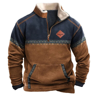 Retro vīriešu plīša džemperis Modes etniski apdrukāts pulovers džemperis ar garām piedurknēm, pusrāvējslēdzēja jaka Vīriešu apģērbs 2025