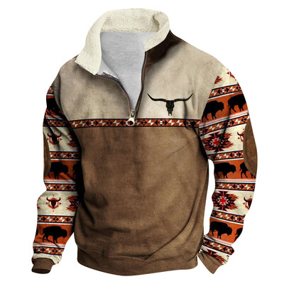 Retro vīriešu plīša džemperis Modes etniski apdrukāts pulovers džemperis ar garām piedurknēm, pusrāvējslēdzēja jaka Vīriešu apģērbs 2025