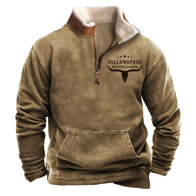 Retro vīriešu plīša džemperis Modes etniski apdrukāts pulovers džemperis ar garām piedurknēm, pusrāvējslēdzēja jaka Vīriešu apģērbs 2025