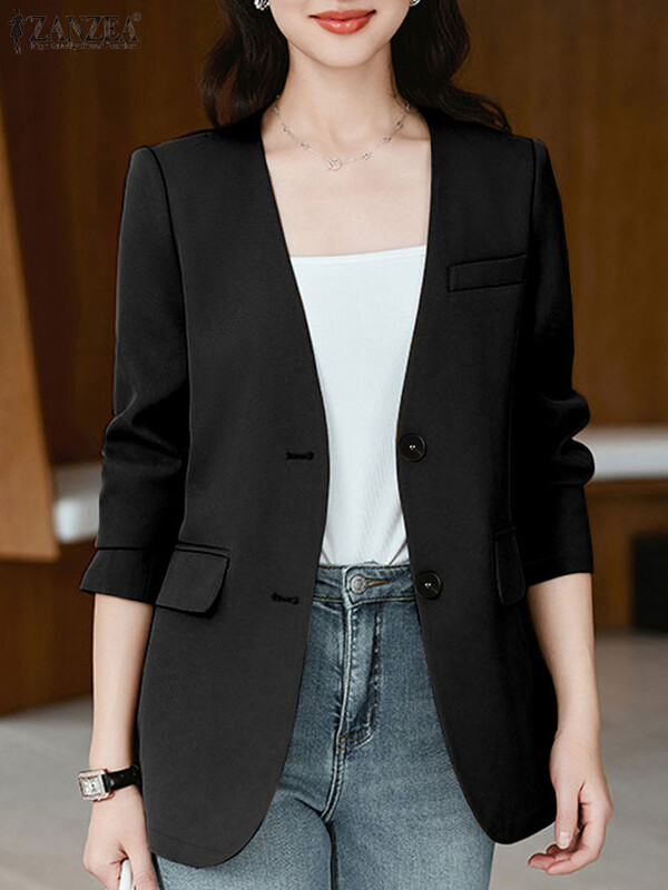 ZANZEA Femei Toamna 2024 Blazer Commute Moda Decolteu în V Solid Button Up Imbracaminte Topuri Maneca lunga Office Lady Elegante Sacouri de costum