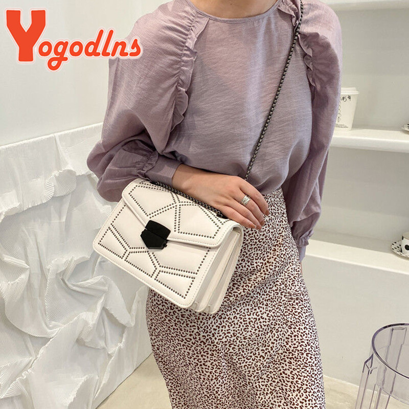 Yogodlns Vintage Rivet Chain Mazas plecu somas Sievietēm Flap Messenger Bag Fashion Small Square Bag Designer rokassomiņa Bolsa