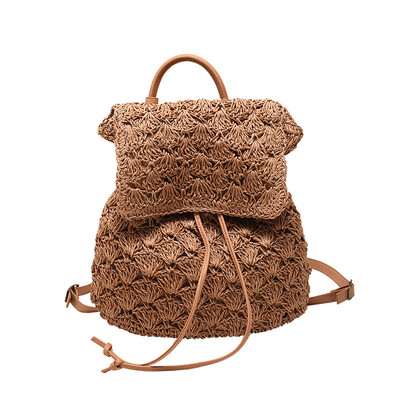 Rucsac de paie pentru femei, design casual, rucsac de călătorie din ratan, stil de vacanță pe plajă, rucsac coreean tricotat cu șnur