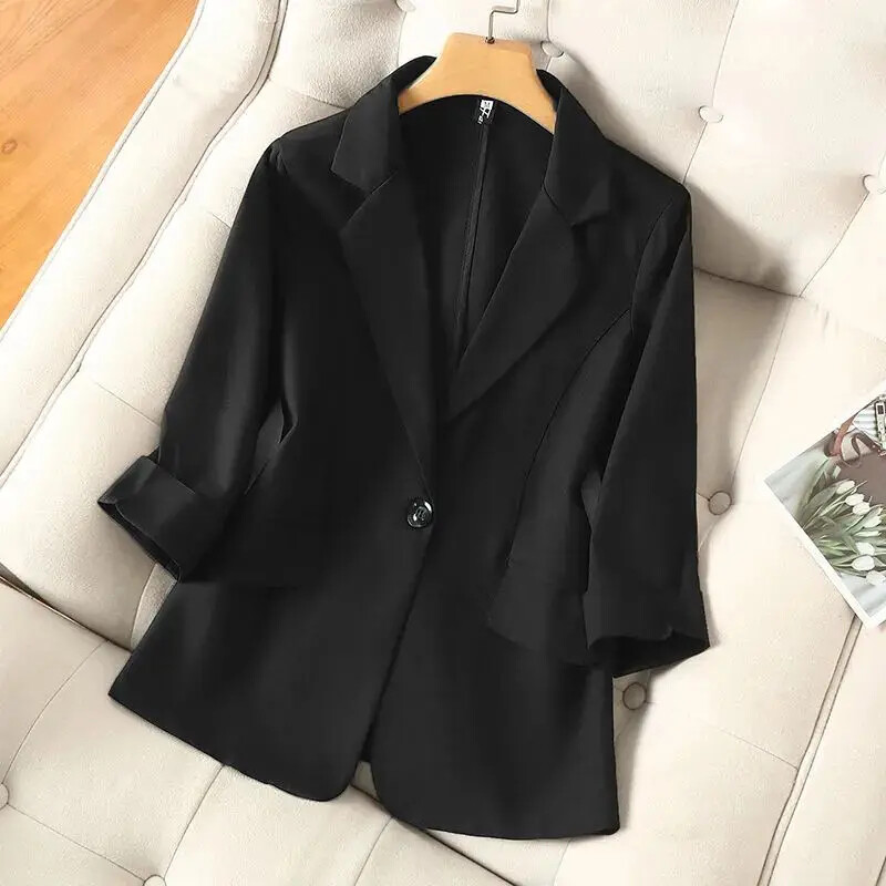 Bej Solid Casual Guler răsturnat Cu un singur buton Manecă trei sferturi Jachetă damă Costum Blazer Jachete scurte Mantocă Moda