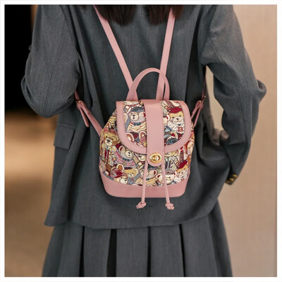 Roz 2024 rucsac nou pentru femei, geantă de umăr imprimată cu desene animate, rucsac pentru studenți, genți de călătorie din pânză de capacitate pentru colegiu, geantă de mână fată