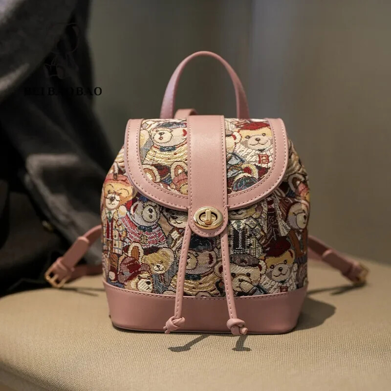 Roz 2024 rucsac nou pentru femei, geantă de umăr imprimată cu desene animate, rucsac pentru studenți, genți de călătorie din pânză de capacitate pentru colegiu, geantă de mână fată