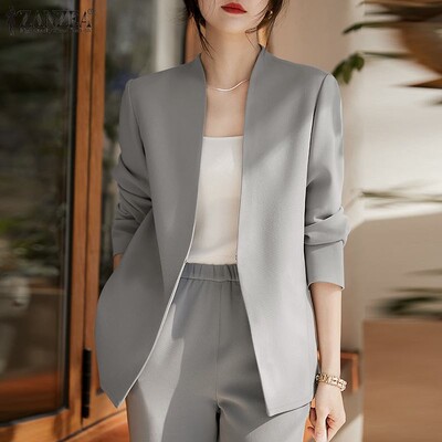 ZANZEA Toamna Commute Blazer Solid Moda Coreeană Femei Ocazional Office Lady Costum Paltoane Gât în V Blazer Elegant cu mânecă lungă Topuri