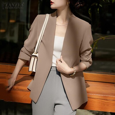 ZANZEA Toamna Commute Blazer Solid Moda Coreeană Femei Ocazional Office Lady Costum Paltoane Gât în V Blazer Elegant cu mânecă lungă Topuri