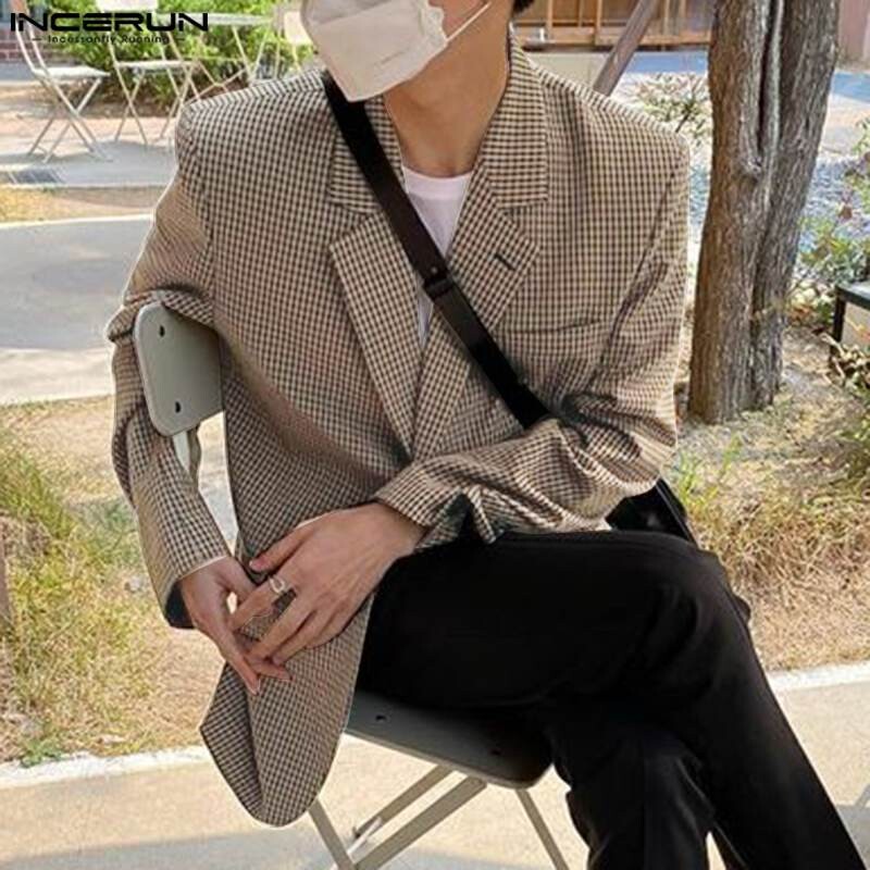 INCERUN Muškarci Karirani sako s reverima i dugim rukavima Ležerna odijela Muškarci Proljeće 2024. Ulična odjeća Elegantni modni kaputi za slobodno vrijeme S-5XL