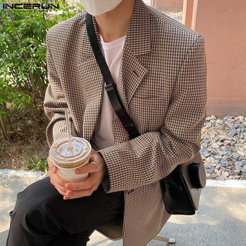 INCERUN Muškarci Karirani sako s reverima i dugim rukavima Ležerna odijela Muškarci Proljeće 2024. Ulična odjeća Elegantni modni kaputi za slobodno vrijeme S-5XL