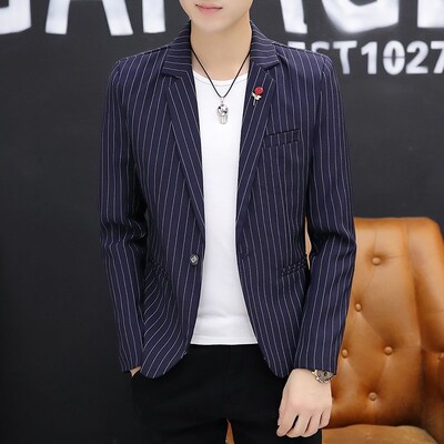 Jachetă pentru bărbați, albastru, petrecere, în dungi, costume și blazere pentru bărbați, haine în stil coreean cu piept, paltoane, modă de primăvară 2024, nou în