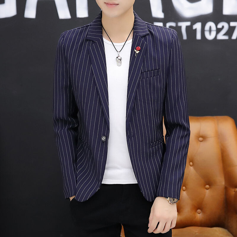 Jachetă pentru bărbați, albastru, petrecere, în dungi, costume și blazere pentru bărbați, haine în stil coreean cu piept, paltoane, modă de primăvară 2024, nou în