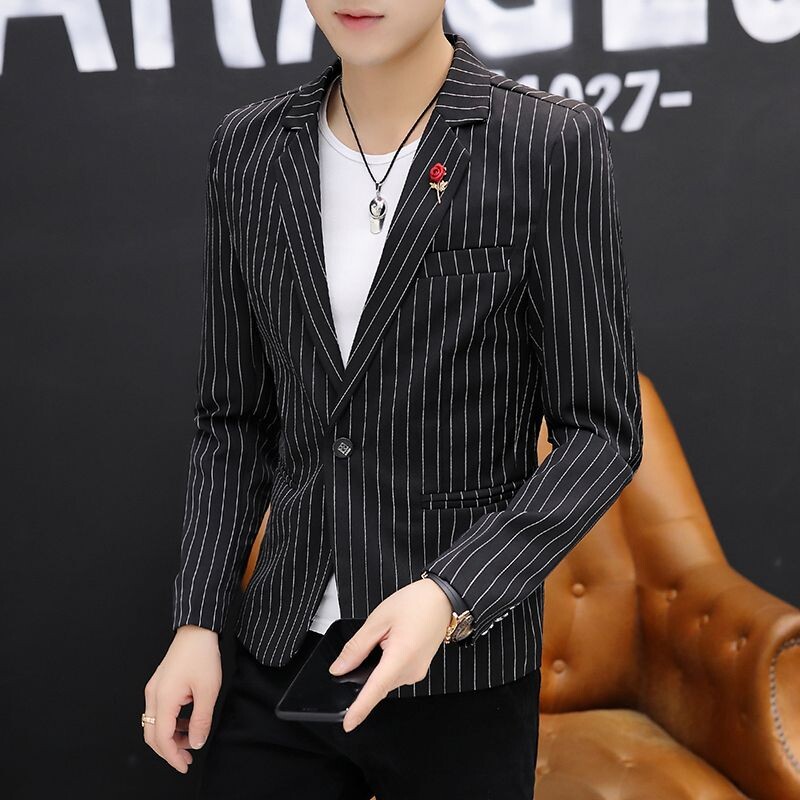 Jachetă pentru bărbați, albastru, petrecere, în dungi, costume și blazere pentru bărbați, haine în stil coreean cu piept, paltoane, modă de primăvară 2024, nou în