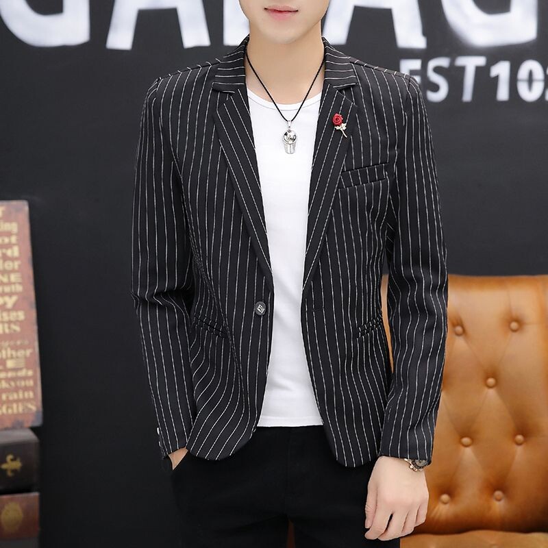 Jachetă pentru bărbați, albastru, petrecere, în dungi, costume și blazere pentru bărbați, haine în stil coreean cu piept, paltoane, modă de primăvară 2024, nou în
