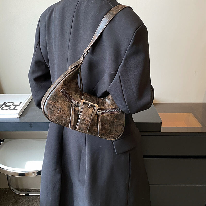 Geantă de umăr de damă din piele PU cu design retro, geantă de umăr Y2K mică, retro, pentru axila, geantă de mână pentru femei-ll