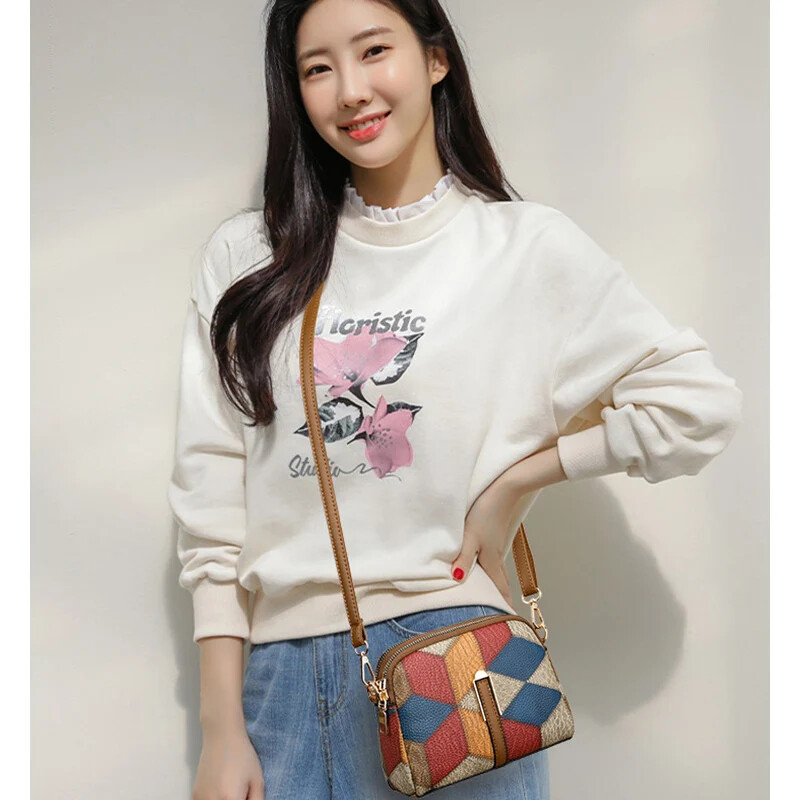 XOUHAM Genți de umăr cu bloc de culoare pentru femei, în stil național, cu fermoar dublu, genți de mână pentru femei, portofel din piele PU, genți de mână la modă