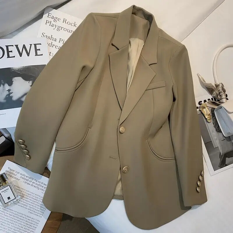 Kafijas krāsa eleganta ikdienas metāla sprādzes žakete sievietēm ar garām piedurknēm, 2024. gada pavasaris, jauna stila rietumu stila apģērbi