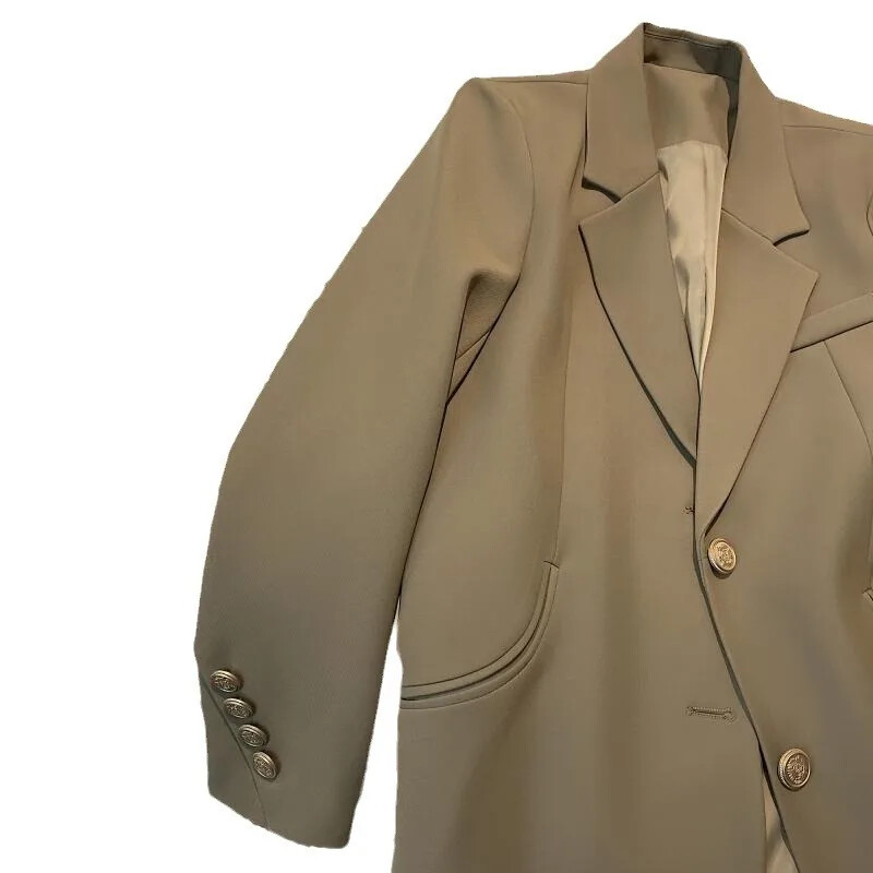 Kafijas krāsa eleganta ikdienas metāla sprādzes žakete sievietēm ar garām piedurknēm, 2024. gada pavasaris, jauna stila rietumu stila apģērbi