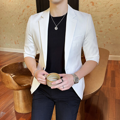 Visokokvalitetno ljetno odijelo za 2024. Muško odijelo s rukavima na sedam točaka, elegantno i zgodno s tankim, hladnim, prozračnim odijelom na pruge M-5XL