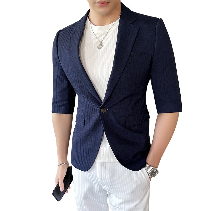 Visokokvalitetno ljetno odijelo za 2024. Muško odijelo s rukavima na sedam točaka, elegantno i zgodno s tankim, hladnim, prozračnim odijelom na pruge M-5XL