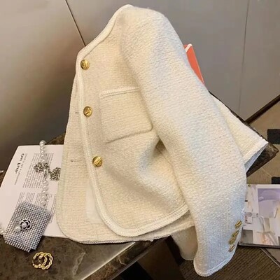 Eleganta sabiedriska stila apgriezta melna tvīda jaka sievietēm, jauns pavasara rudens 2024 modes viegls augstas kvalitātes uzvalks