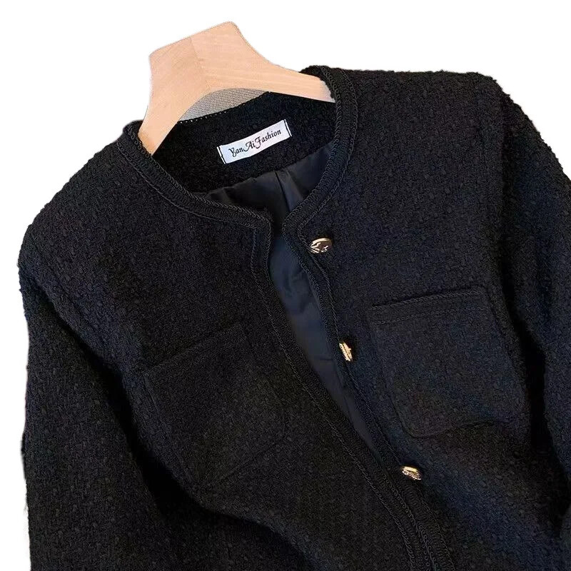 Eleganta sabiedriska stila apgriezta melna tvīda jaka sievietēm, jauns pavasara rudens 2024 modes viegls augstas kvalitātes uzvalks