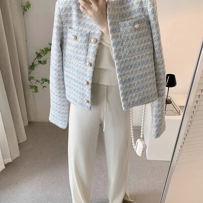 Tvīda stila sieviešu jaka, 2024. gada pavasaris, rudens, jauns dizains franču sensibility Niche, brīvi pieguļošs, apgriezts, moderns, elegants tops