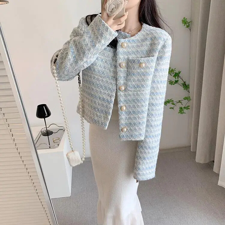 Tvīda stila sieviešu jaka, 2024. gada pavasaris, rudens, jauns dizains franču sensibility Niche, brīvi pieguļošs, apgriezts, moderns, elegants tops