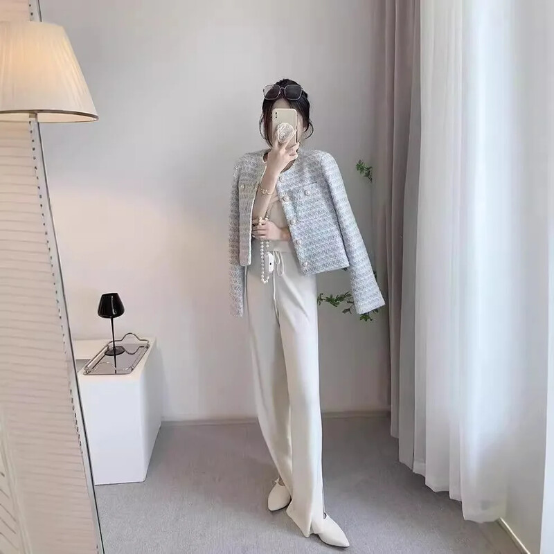 Tvīda stila sieviešu jaka, 2024. gada pavasaris, rudens, jauns dizains franču sensibility Niche, brīvi pieguļošs, apgriezts, moderns, elegants tops