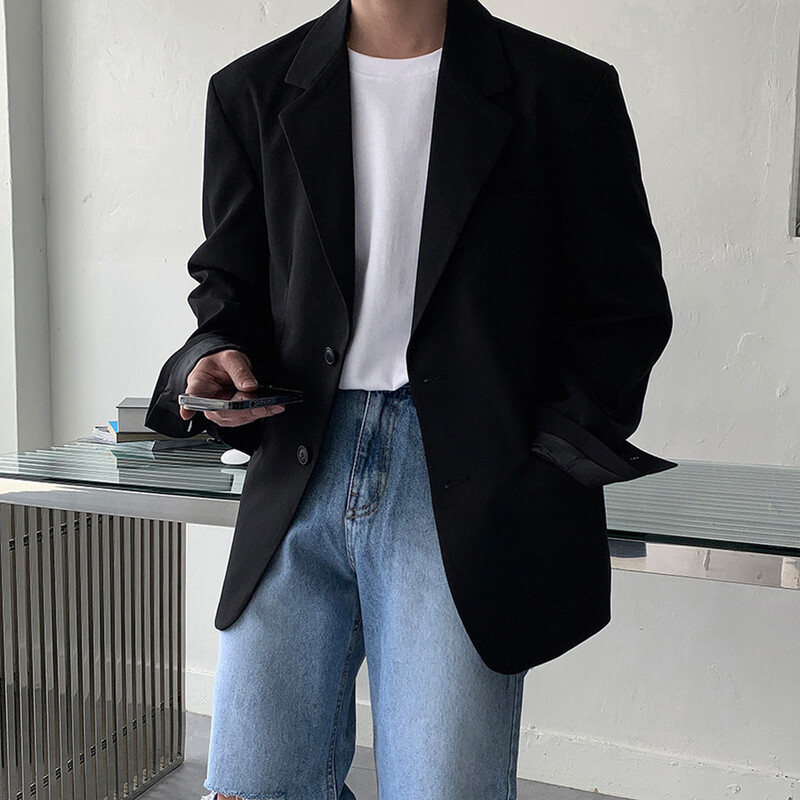 Vīriešu uzvalka jaka, japāņu un korejiešu stila High Sense Spring Trend ikdienas mazs uzvalks, melna liela izmēra jaka