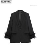 Moda femei satin negru cu pene sacou jachetă vintage cu crestătură gât cu un singur buton mâneci lungi ținute feminine