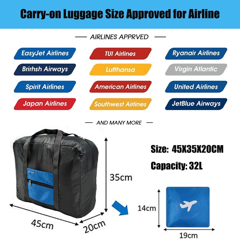 Duffel Bag 32L Airlines Geantă cabină sub scaun 45x35x20 Geantă de spital pliabilă Geantă de noapte pentru femei și bărbați Geantă de mână de călătorie
