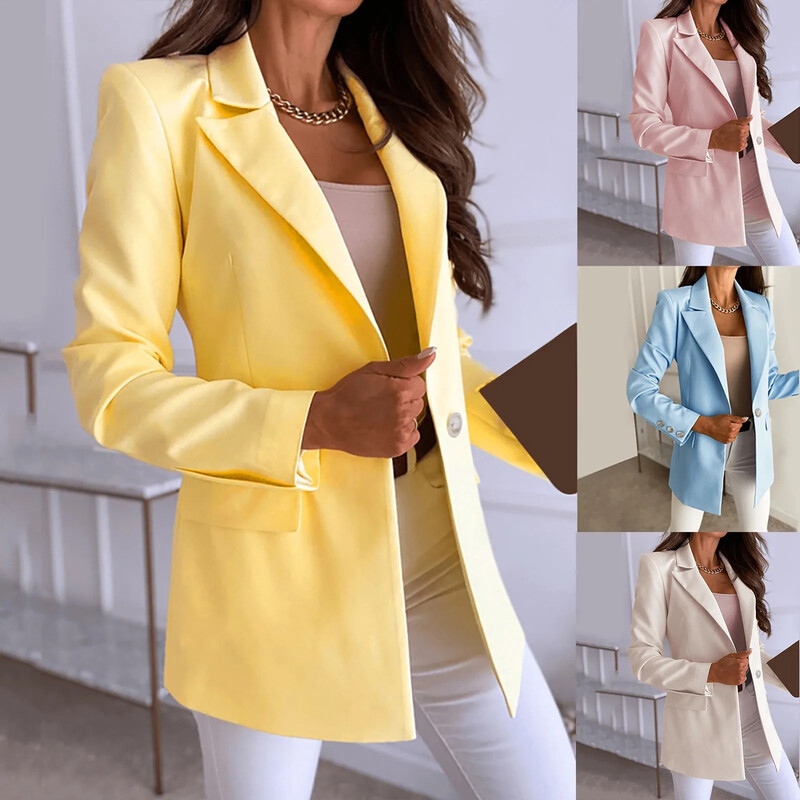 Moda de birou 2024 Blazer Jachetă de femeie Culoare uni Un buton Toamnă Iarnă Guler răsturnat Jachetă de costum cu mânecă lungă Streetwear