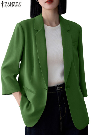ZANZEA Blazer cu rever crestat pentru navetă, toamnă 2024, pentru femei, cu mâneci 3/4, elegant, ocazional, în stil coreean, haine de costum