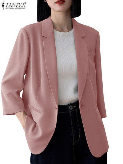 ZANZEA Blazer cu rever crestat pentru navetă, toamnă 2024, pentru femei, cu mâneci 3/4, elegant, ocazional, în stil coreean, haine de costum