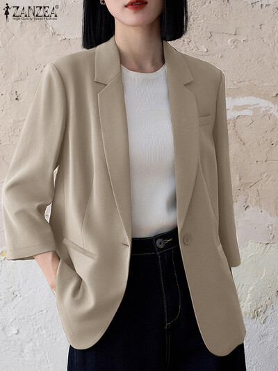 ZANZEA Blazer cu rever crestat pentru navetă, toamnă 2024, pentru femei, cu mâneci 3/4, elegant, ocazional, în stil coreean, haine de costum
