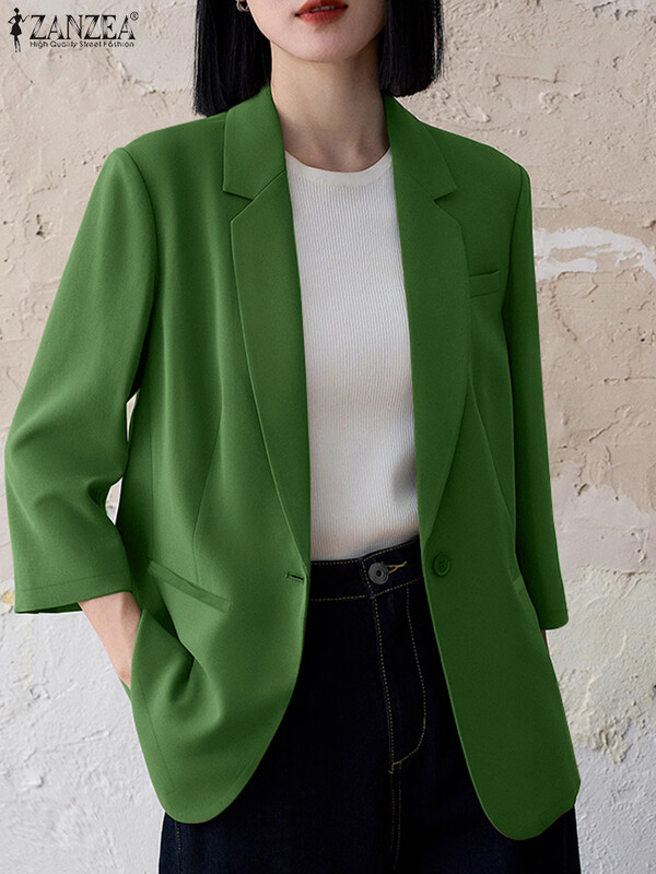ZANZEA Blazer cu rever crestat pentru navetă, toamnă 2024, pentru femei, cu mâneci 3/4, elegant, ocazional, în stil coreean, haine de costum