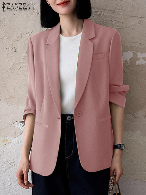 ZANZEA Blazer cu rever crestat pentru navetă, toamnă 2024, pentru femei, cu mâneci 3/4, elegant, ocazional, în stil coreean, haine de costum