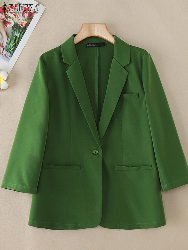 ZANZEA Blazer cu rever crestat pentru navetă, toamnă 2024, pentru femei, cu mâneci 3/4, elegant, ocazional, în stil coreean, haine de costum