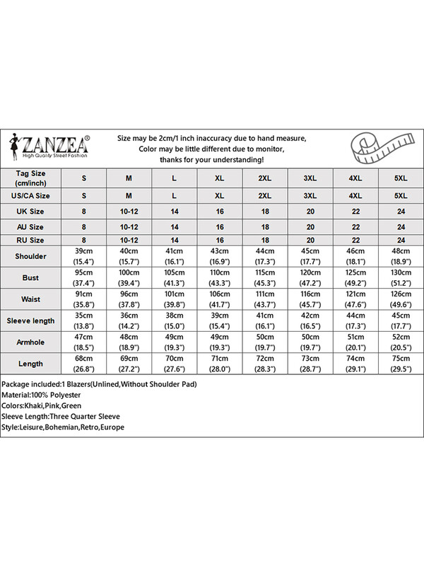 ZANZEA Blazer cu rever crestat pentru navetă, toamnă 2024, pentru femei, cu mâneci 3/4, elegant, ocazional, în stil coreean, haine de costum