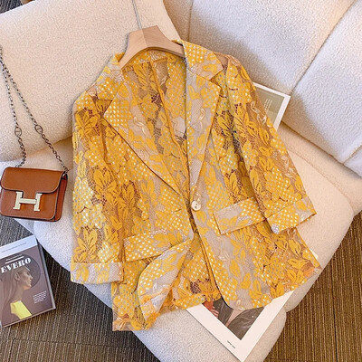 Moda de primăvară vară Nou 2024 Blazer pentru damă Costum cu imprimeu din dantelă Palton pentru dama, subțire, cu mâneci sferturi, versatilă, subțire, costum mic