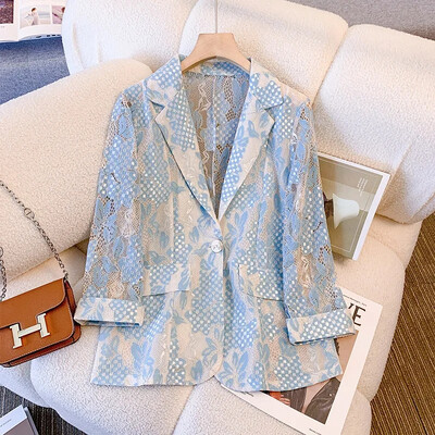 Moda de primăvară vară Nou 2024 Blazer pentru damă Costum cu imprimeu din dantelă Palton pentru dama, subțire, cu mâneci sferturi, versatilă, subțire, costum mic