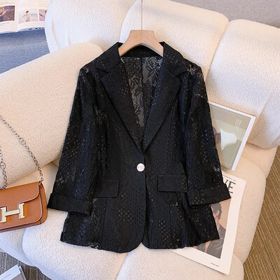 Moda de primăvară vară Nou 2024 Blazer pentru damă Costum cu imprimeu din dantelă Palton pentru dama, subțire, cu mâneci sferturi, versatilă, subțire, costum mic